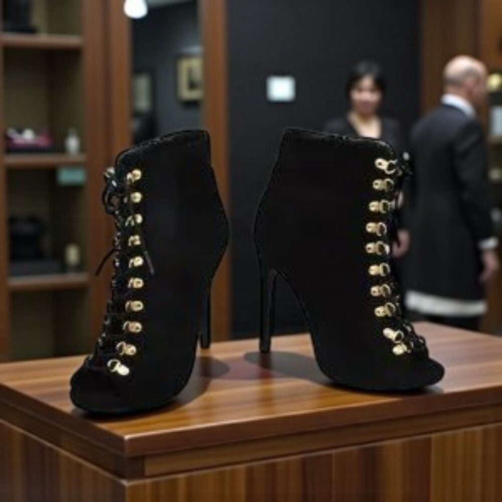 EUC Charlotte Russe Evelyn-56 Lace Up Peep Toe Ankle Bootie Black - Picture 3 of 6